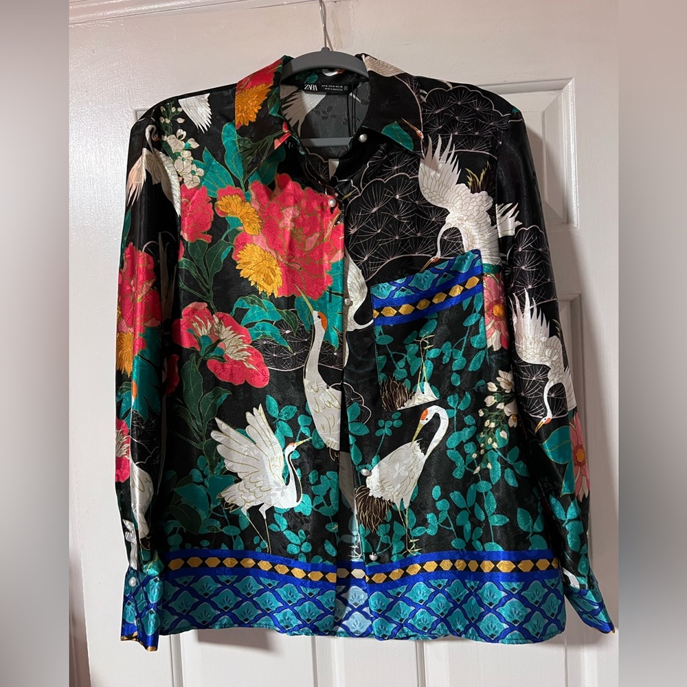 Zara satin shirt with cranes